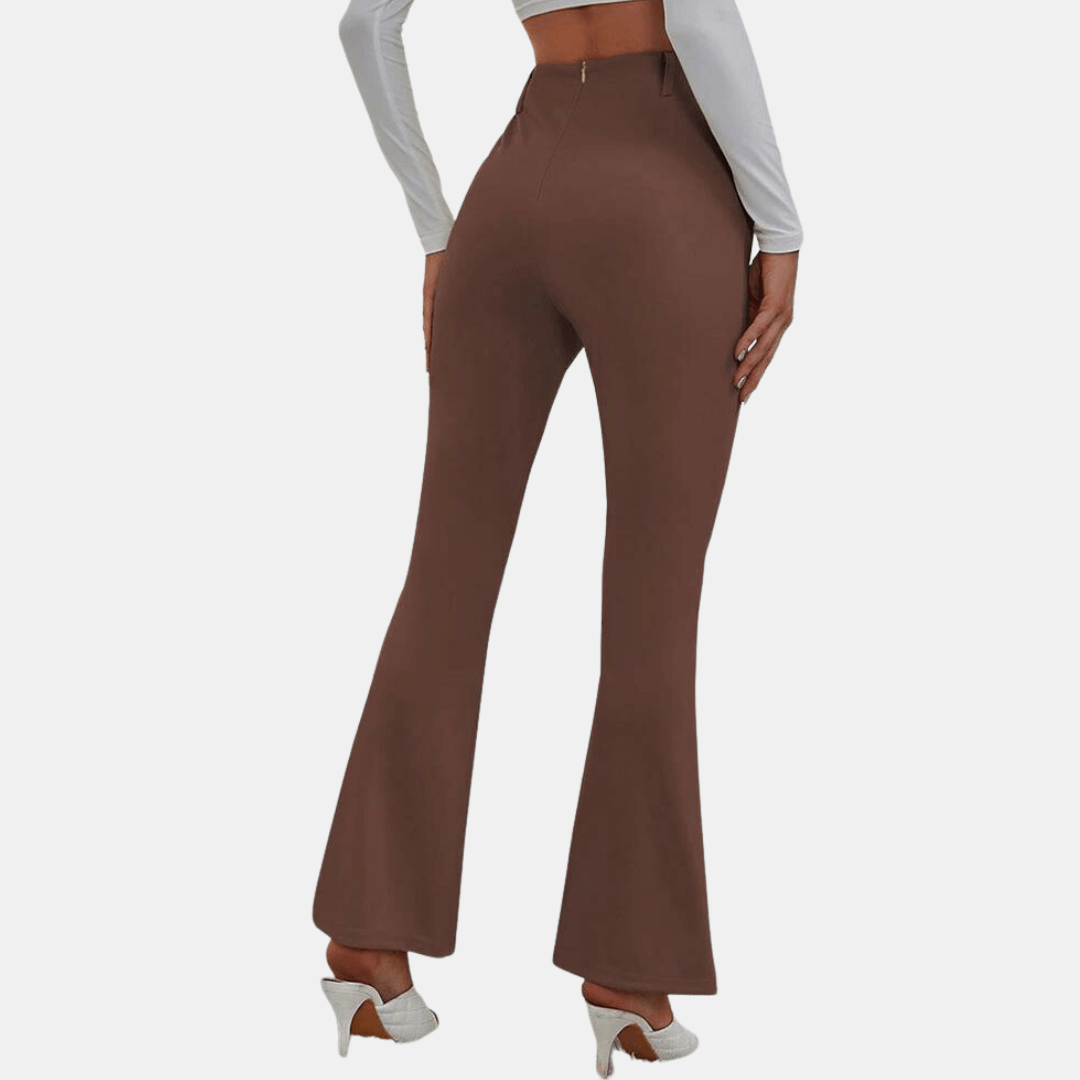 Full-length shot of women's high-waisted flare trousers with front slit, showcasing elegant drape & comfortable fit.