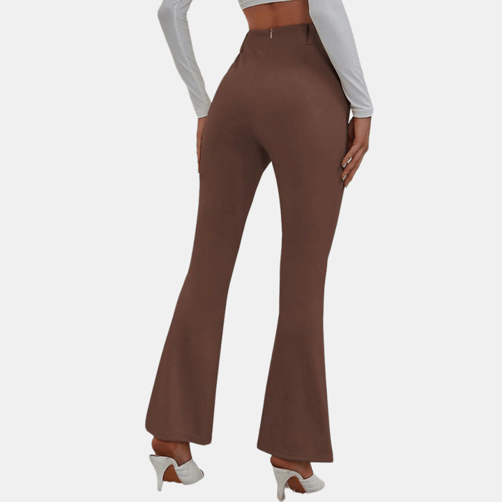 Full-length shot of women's high-waisted flare trousers with front slit, showcasing elegant drape & comfortable fit.