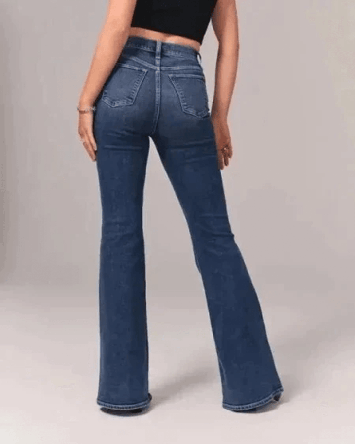 Fashionable blue high-waisted flared denim jeans for women, combining retro style with comfortable stretch.