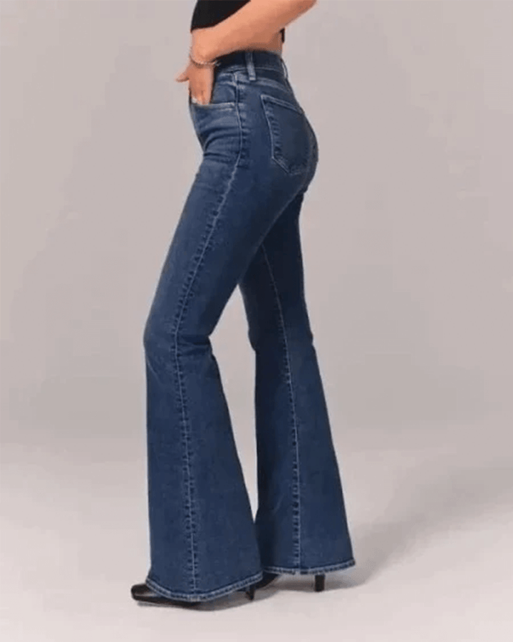 Vintage-inspired women's flared high-waisted blue denim jeans, offering a stylish retro look for any occasion.