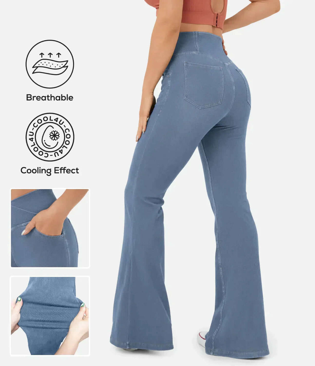 Stylish women's high-waisted flared jeans, elastic waist for comfort and versatile wear.