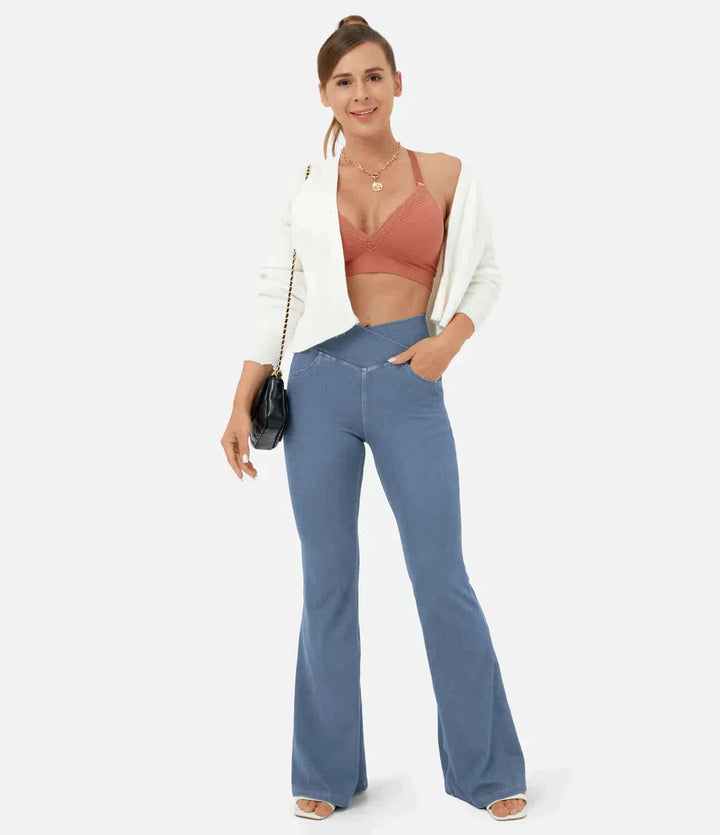 Stretch denim women's high-waisted flared jeans, elastic waistband for ultimate comfort.