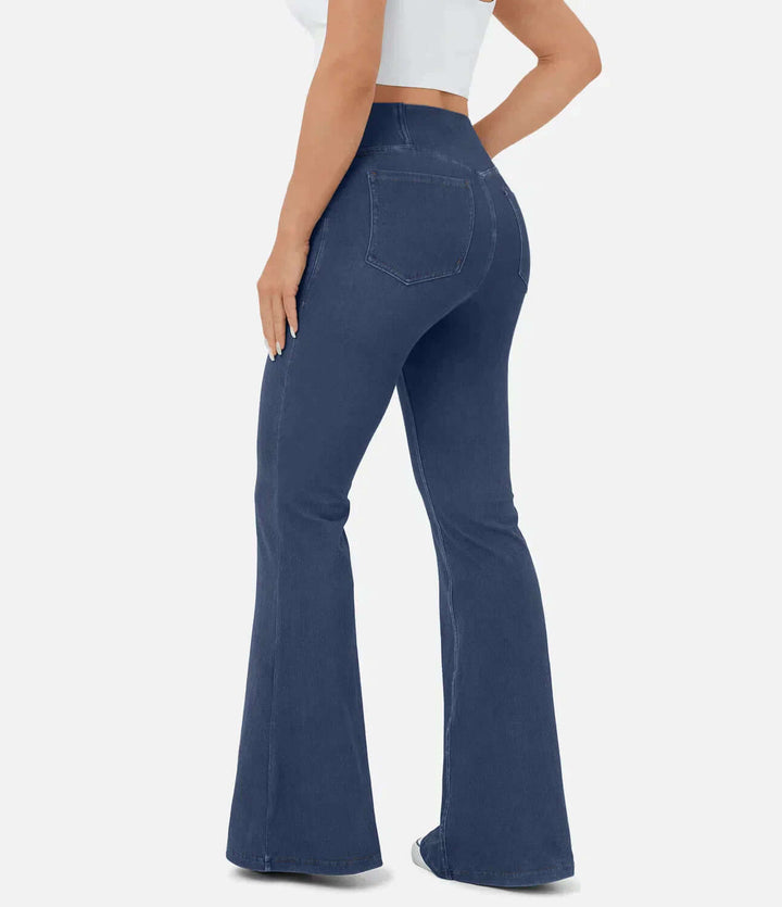 Stylish women's stretch denim flared jeans with comfortable high-waist and elastic band.