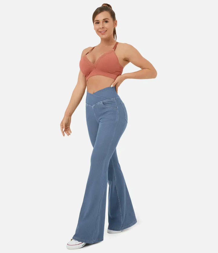 Fashionable women's flared jeans, high-waisted and elasticized for maximum comfort & style.