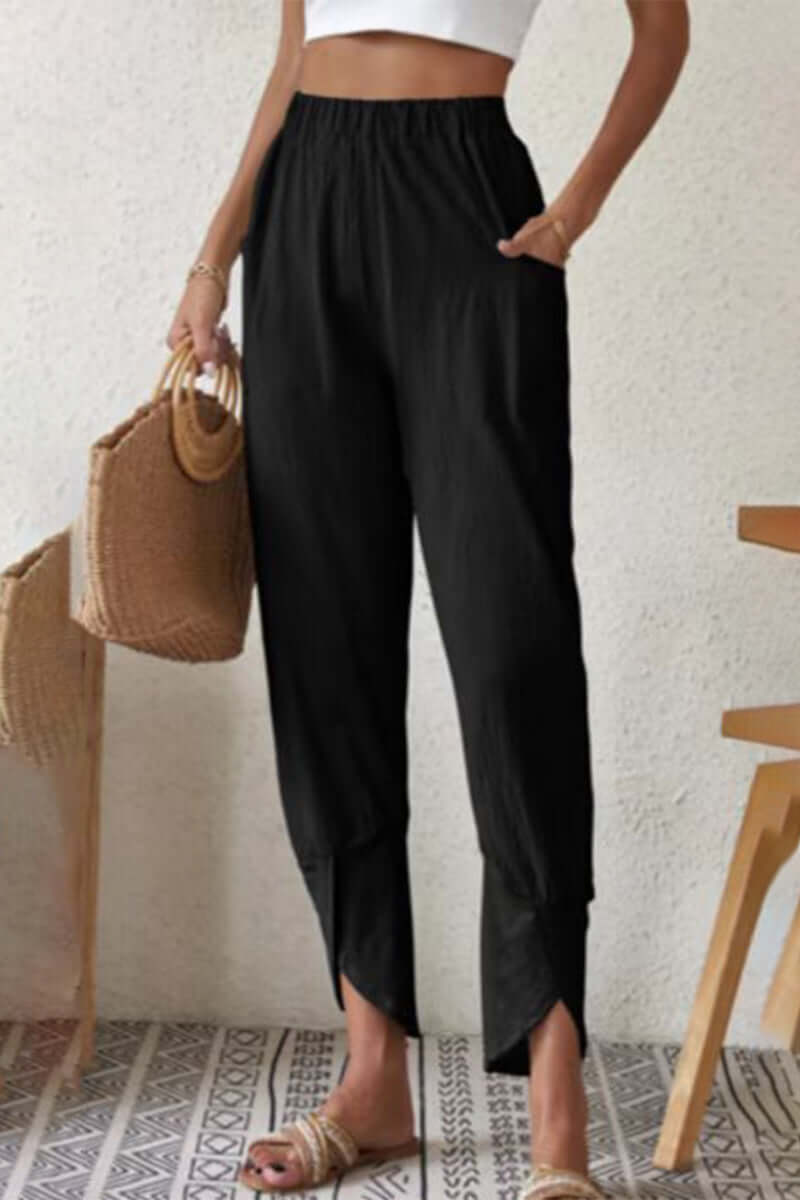 Comfortable cotton women's high-waisted Harlan pants. Loose, relaxed fit perfect for casual everyday style & ease.