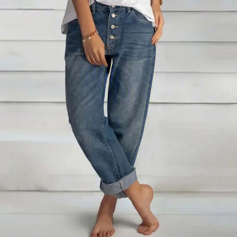 Stylish women's high-waisted loose denim pants, perfect for versatile casual fashion.