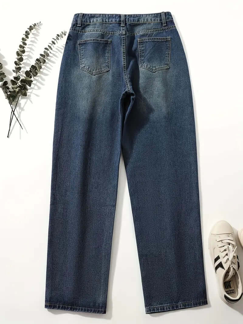 Classic blue high-waisted loose denim jeans for women, combining comfort & style.