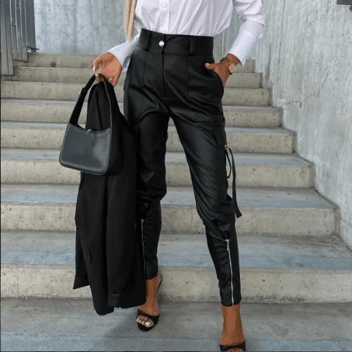 Versatile women's PU leather pants, high-waisted fit, perfect for dressing up or down, offering a chic look.