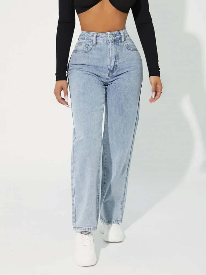 Stylish black high-waisted straight leg jeans for women, perfect for versatile fashion and casual outfits.