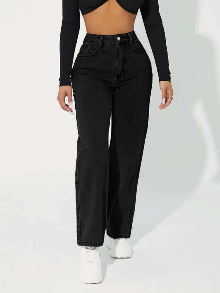 Light blue high-waisted straight leg denim jeans for women, providing a flattering fit and modern style.