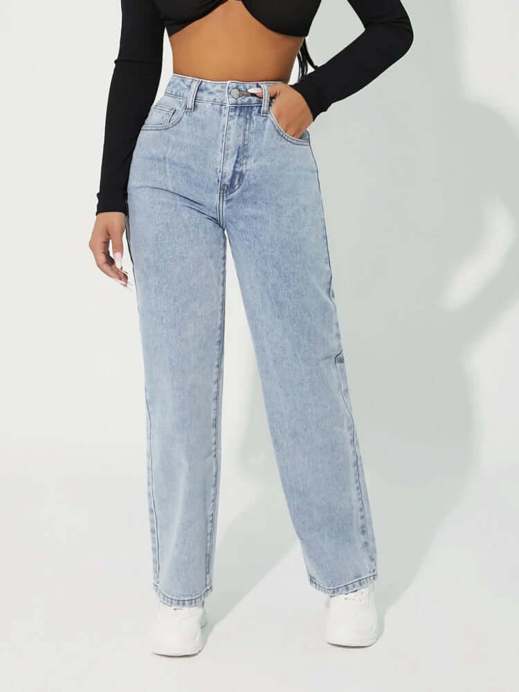 Classic denim high-waisted straight leg jeans for women, a timeless piece for any casual apparel collection.