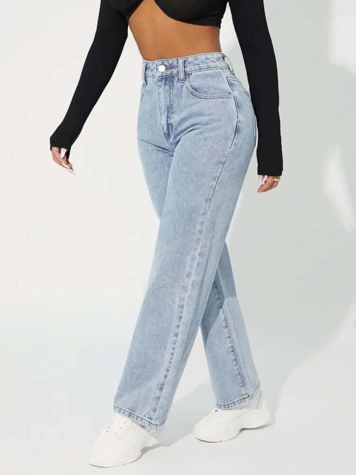 Comfortable women's high-waisted straight leg jeans, perfect for all-day wear with a modern denim look.