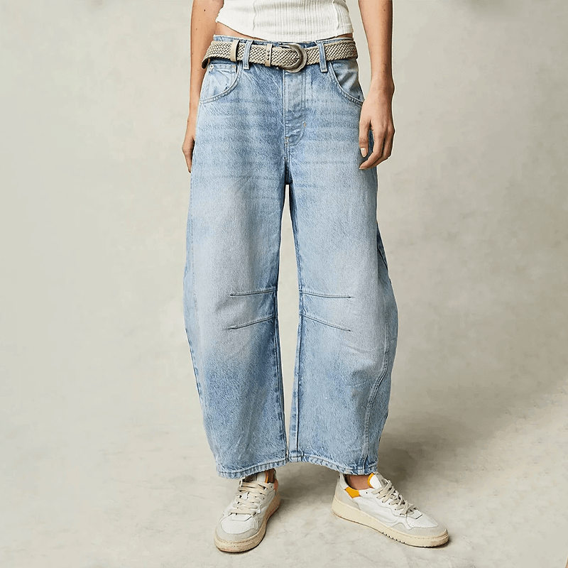 Beige high-waisted wide leg women's jeans, comfortable casual denim, perfect for modern style.