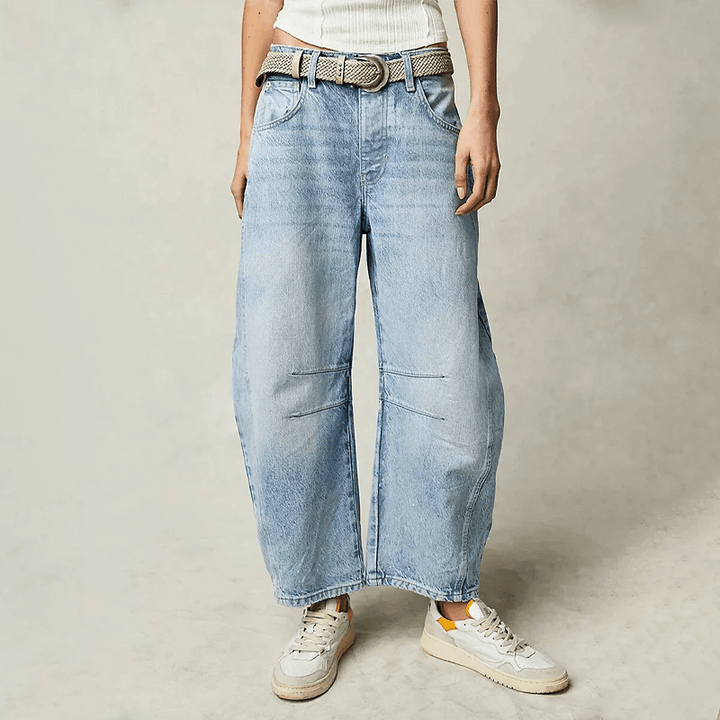 Beige high-waisted wide leg women's jeans, comfortable casual denim, perfect for modern style.