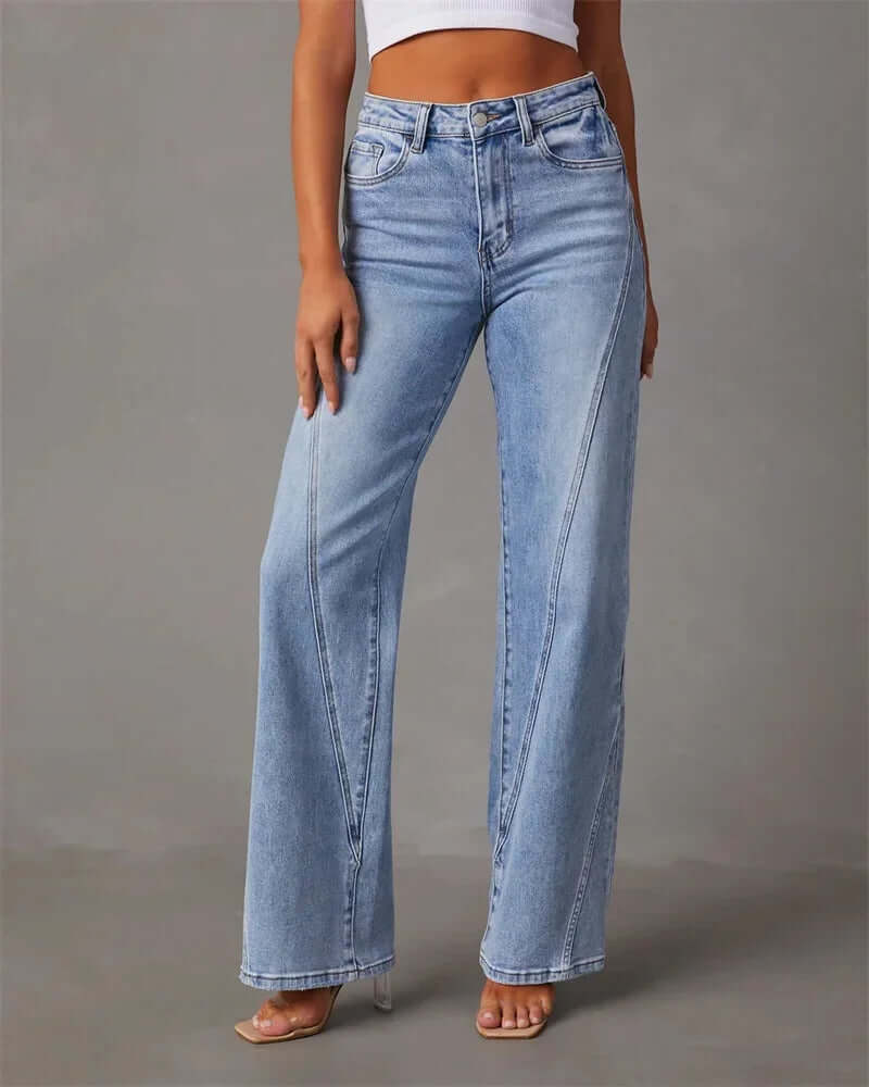 Women's high-waisted wide leg jeans in classic blue denim, offering ultimate comfort and a chic look.