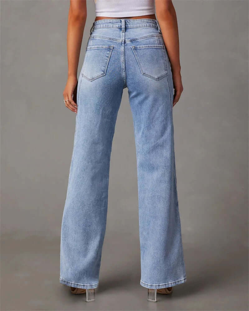Casual women's blue wide leg jeans, high-waisted for a flattering fit, perfect for comfortable and stylish outfits.