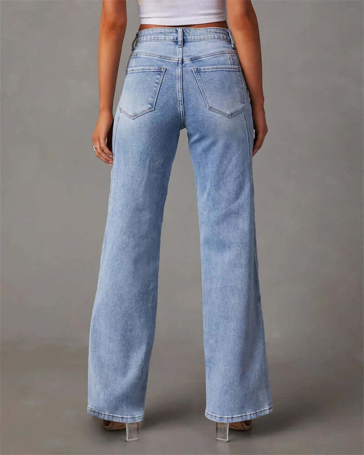 Casual women's blue wide leg jeans, high-waisted for a flattering fit, perfect for comfortable and stylish outfits.