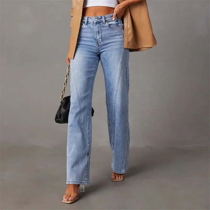 Women's fashion wide leg jeans, high-waisted and comfortable, crafted from premium blue denim for a chic casual style.