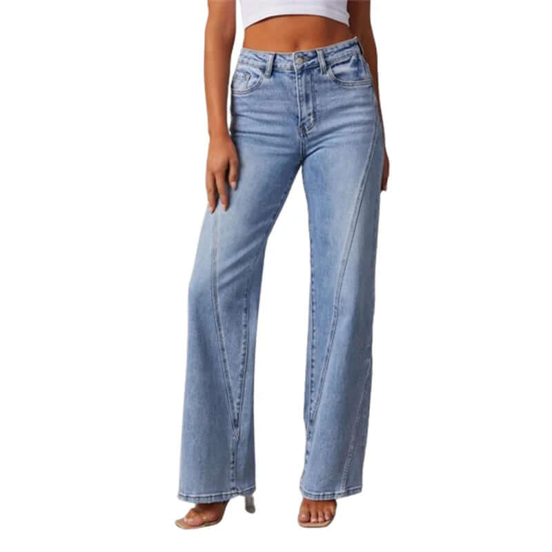 Comfortable women's high-waisted wide leg jeans in blue denim, a stylish and flattering choice for everyday fashion.