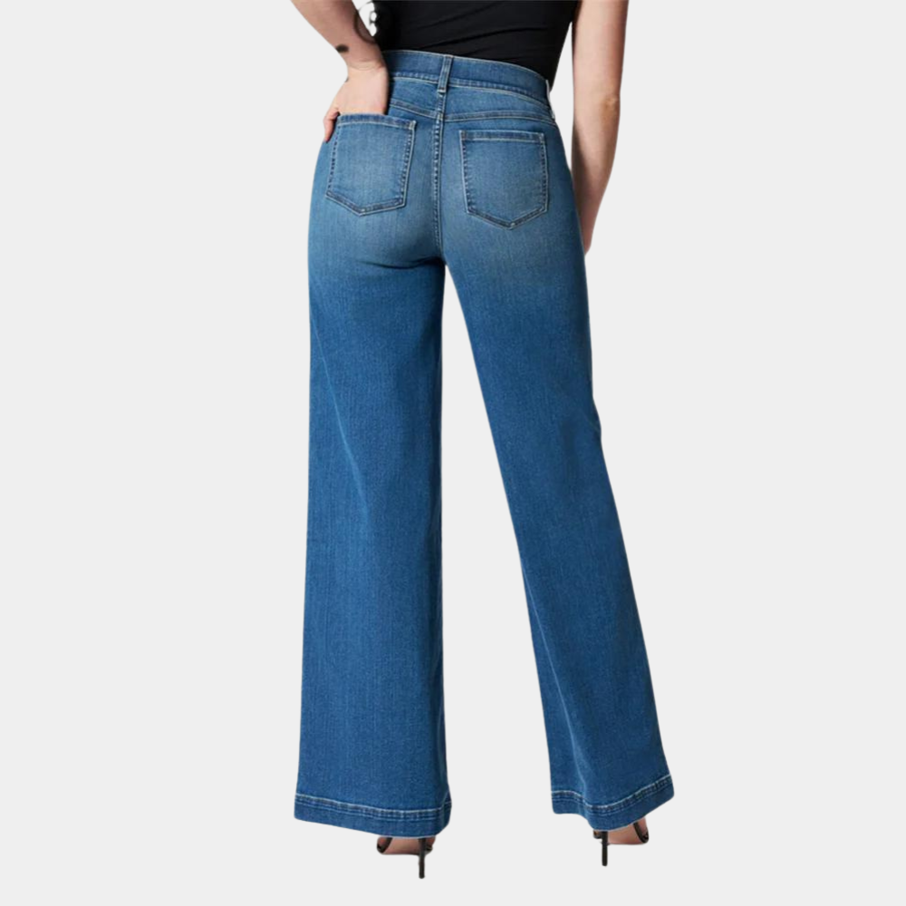 Dark blue women's high waisted wide leg jeans, a modern aesthetic for versatile and comfortable wear.