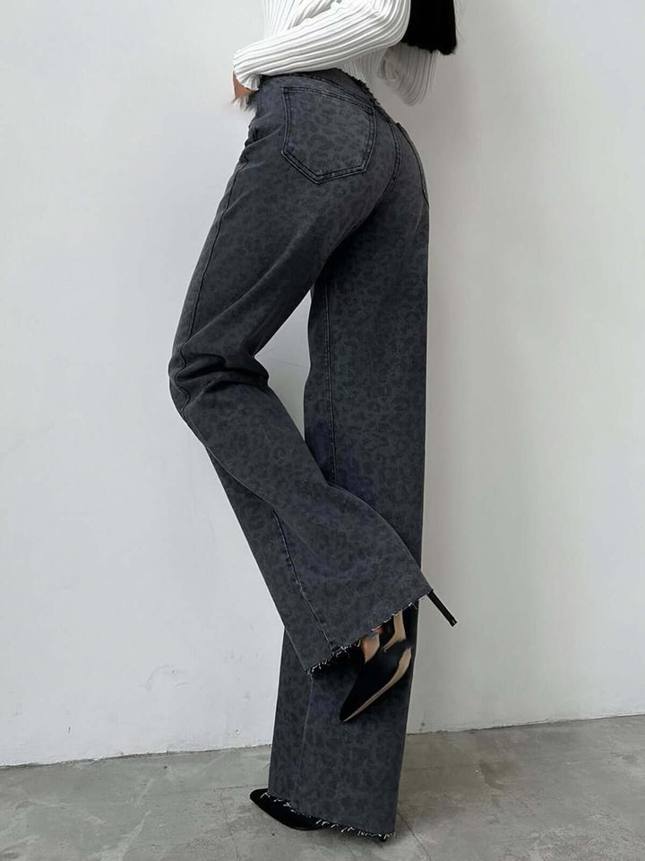 Trendy women's leopard print fashion jeans. High-waisted, wide leg, made from comfortable stretch denim.