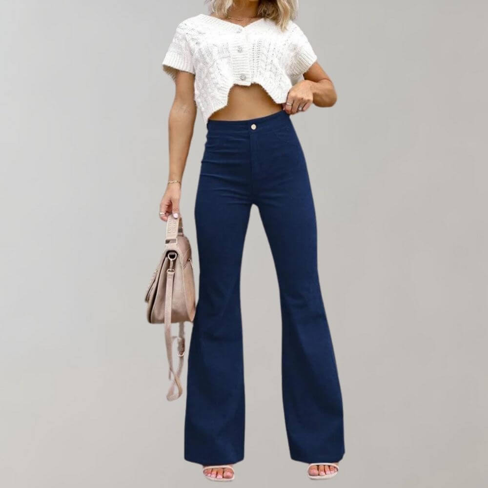 Flowy wide leg detail of women's comfortable trousers, showcasing their elegant drape and modern silhouette.