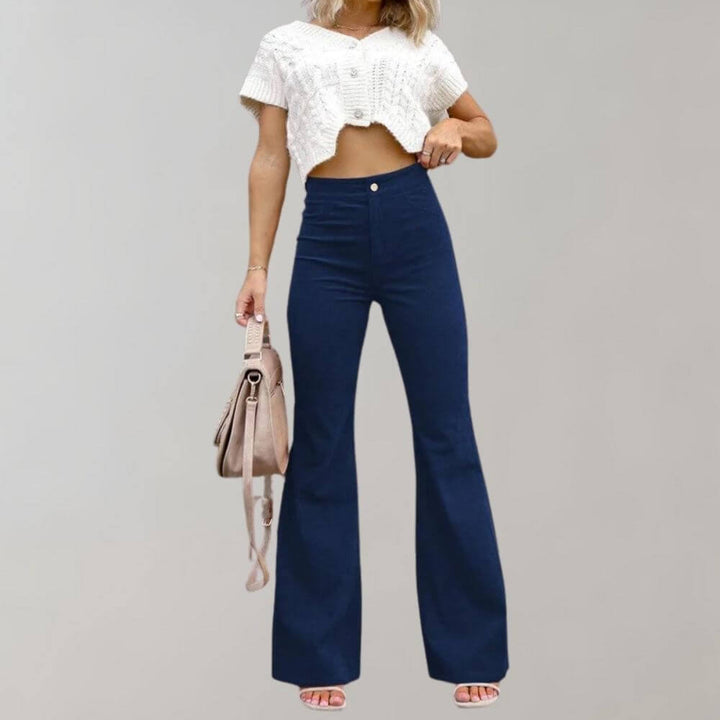 Flowy wide leg detail of women's comfortable trousers, showcasing their elegant drape and modern silhouette.