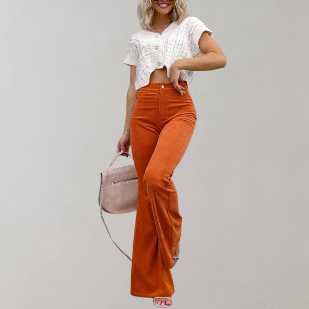 Back view of women's high-waisted wide leg trousers, highlighting their flattering silhouette and comfortable fit.