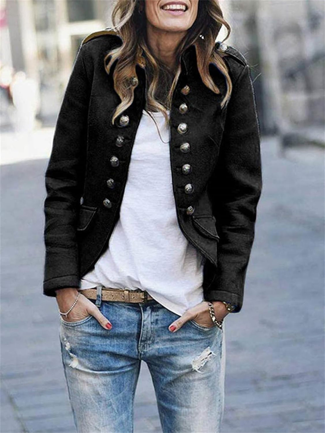 Women's hip-length military style jacket with epaulettes & button front. Perfect for spring/autumn fashion outerwear.