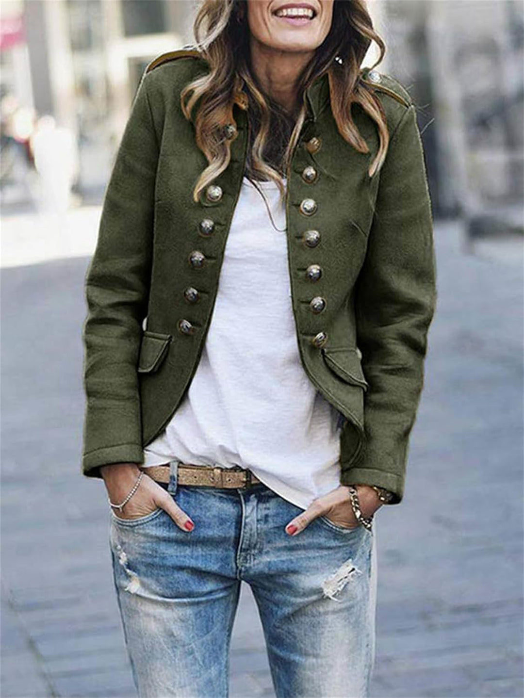 Chic women's structured military jacket. Features epaulettes, button front & hip length. Versatile casual outerwear.
