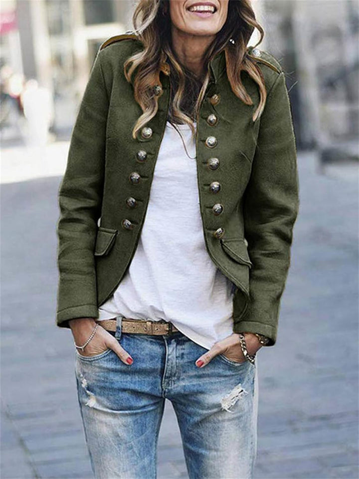 Chic women's structured military jacket. Features epaulettes, button front & hip length. Versatile casual outerwear.