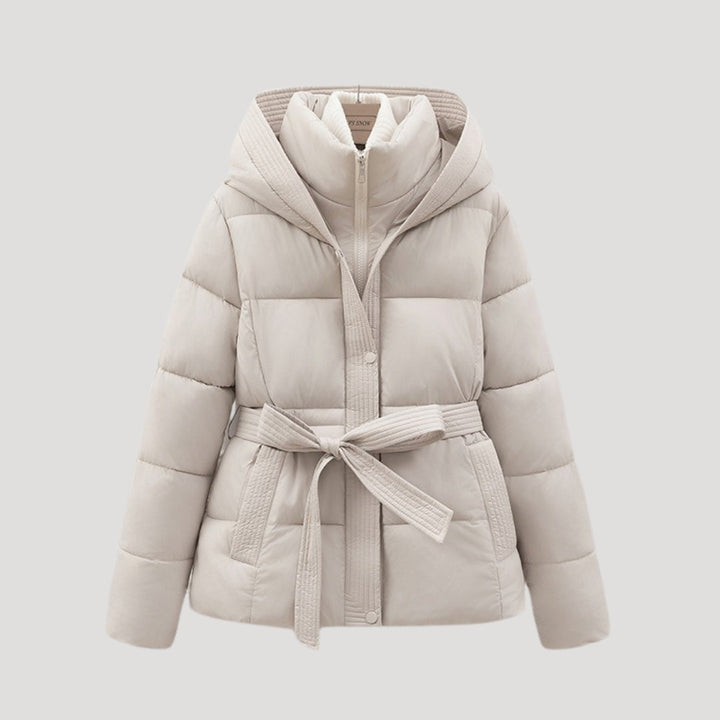 Women's hooded belted puffer winter jacket. Warm & stylish outerwear for cold weather.