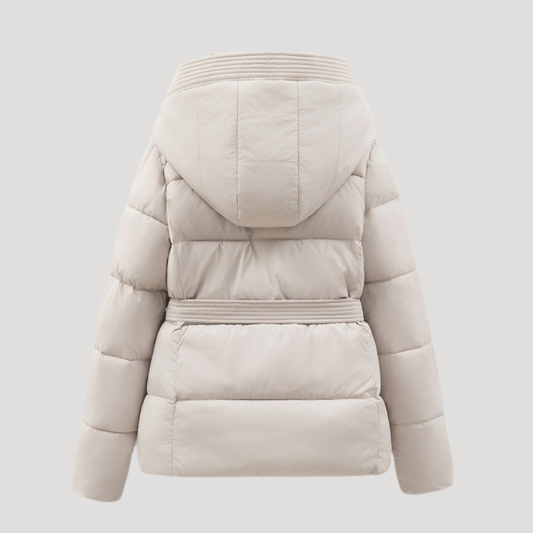 Cozy women's black hooded puffer jacket with belt. Ideal for snowy winter & cold weather.