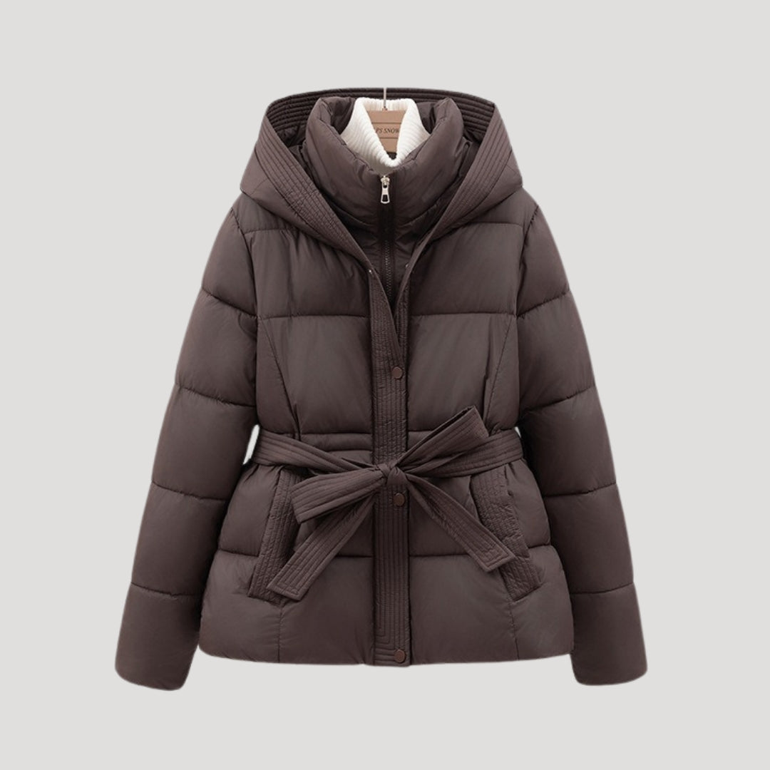 Women's fashionable hooded belted puffer jacket. Essential warm outerwear for winter days.