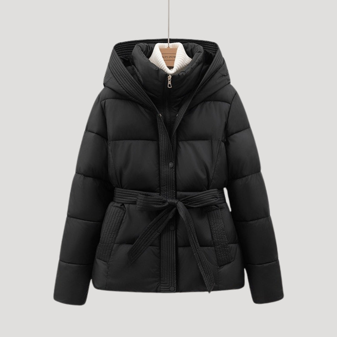 Durable women's hooded puffer winter coat with belt. Provides ultimate warmth & style.
