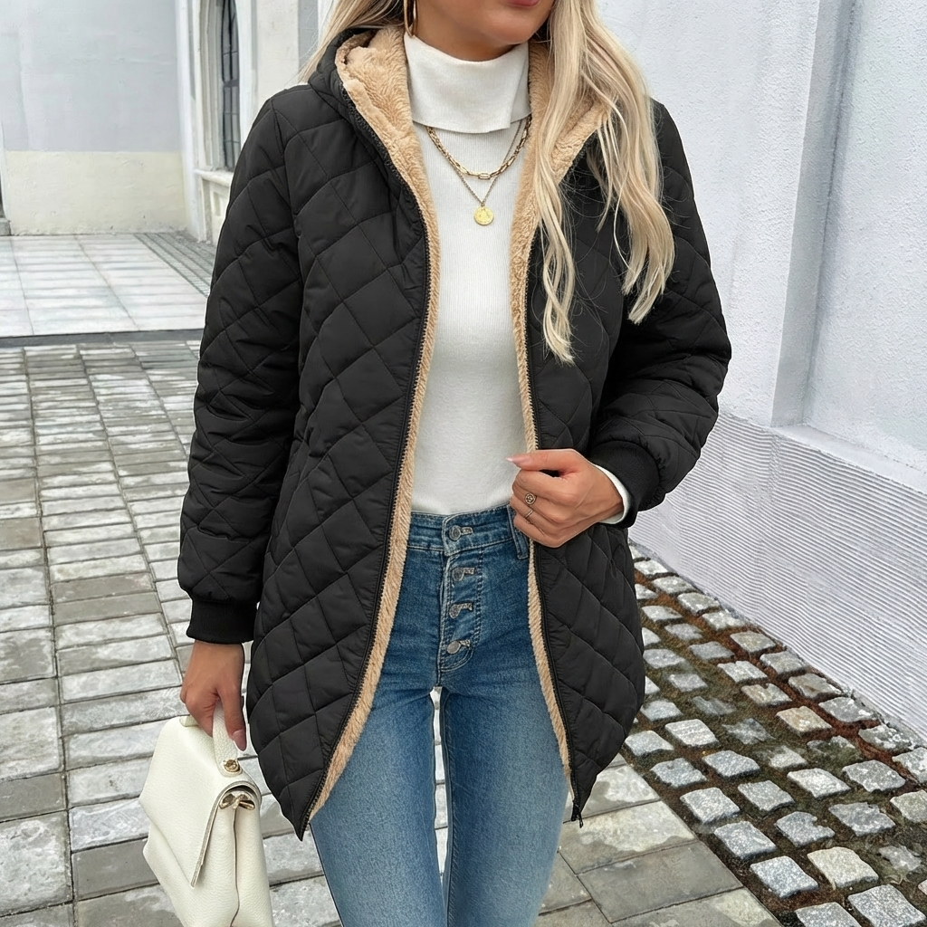 Women's hooded longline puffer coat in black, offering warm, stylish outerwear for winter and fall fashion.