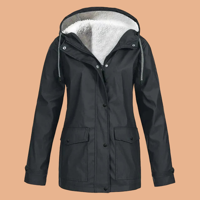 Women's hooded mid-length utility winter jacket, warm & cozy for cold weather outerwear.