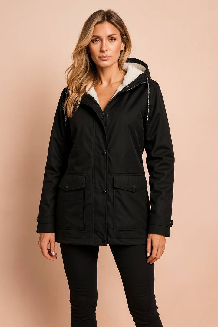 Cozy & warm women's hooded mid-length utility winter jacket, a stylish design for cold weather.