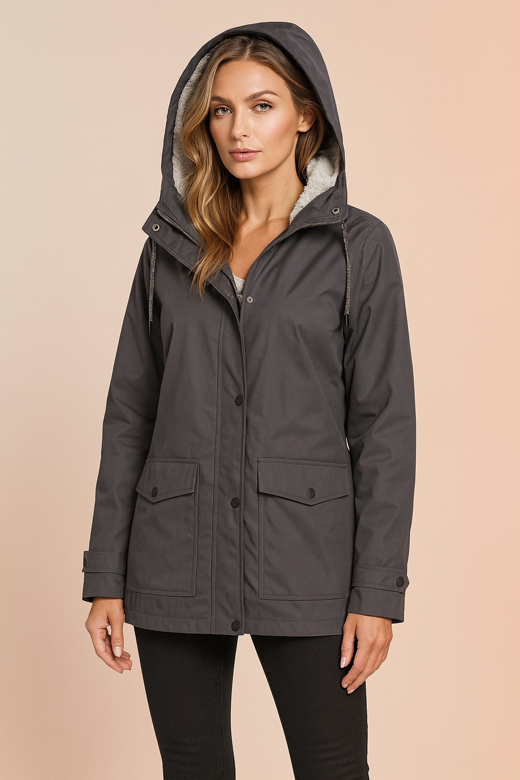Versatile women's hooded mid-length winter jacket, a warm & cozy utility parka for all cold weather.