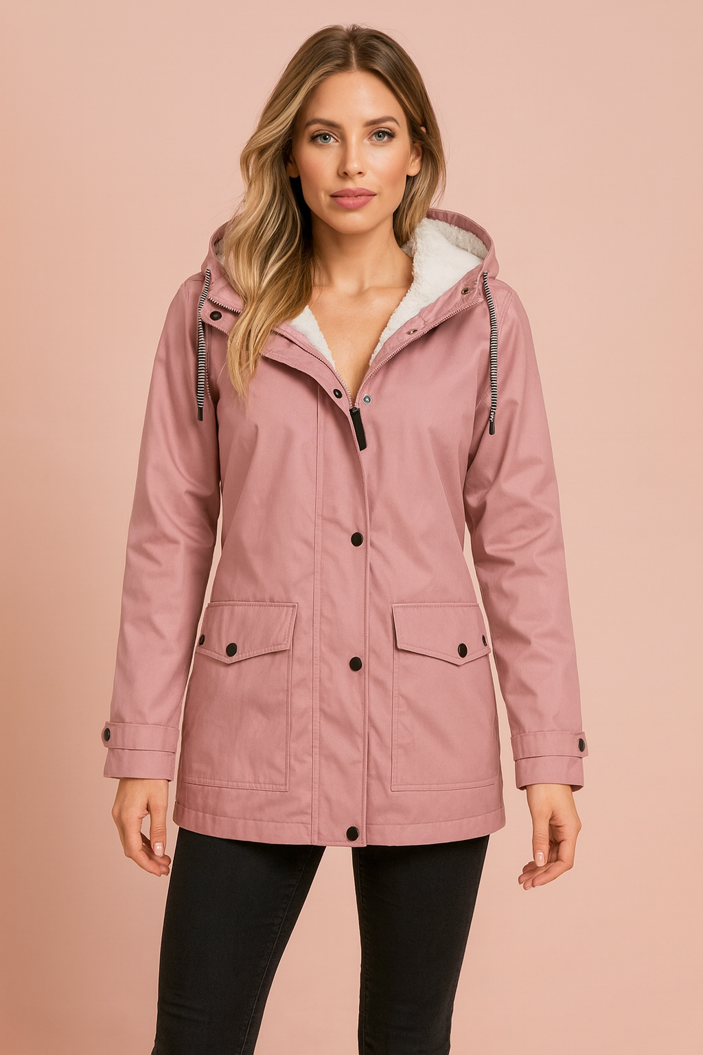 Warm women's mid-length winter jacket with hood, ideal utility outerwear for chilly days.