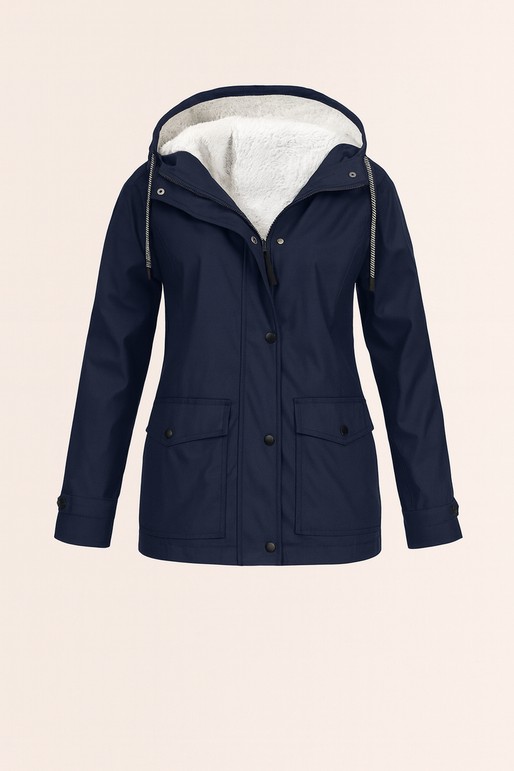 Cozy women's hooded utility winter jacket, mid-length design for maximum warmth and style.