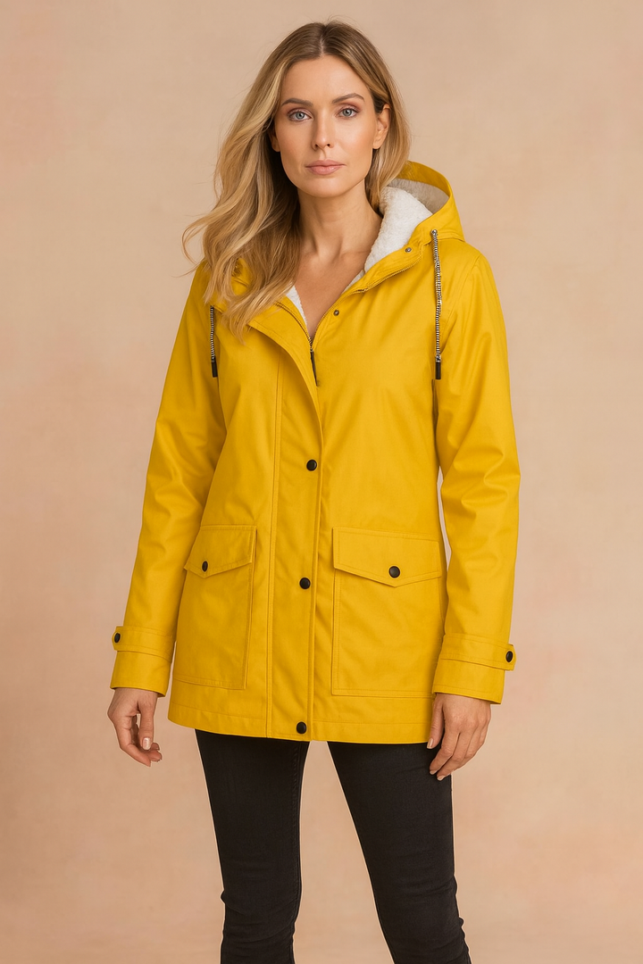 Long sleeve women's mid-length winter utility jacket with hood, warm and practical parka.