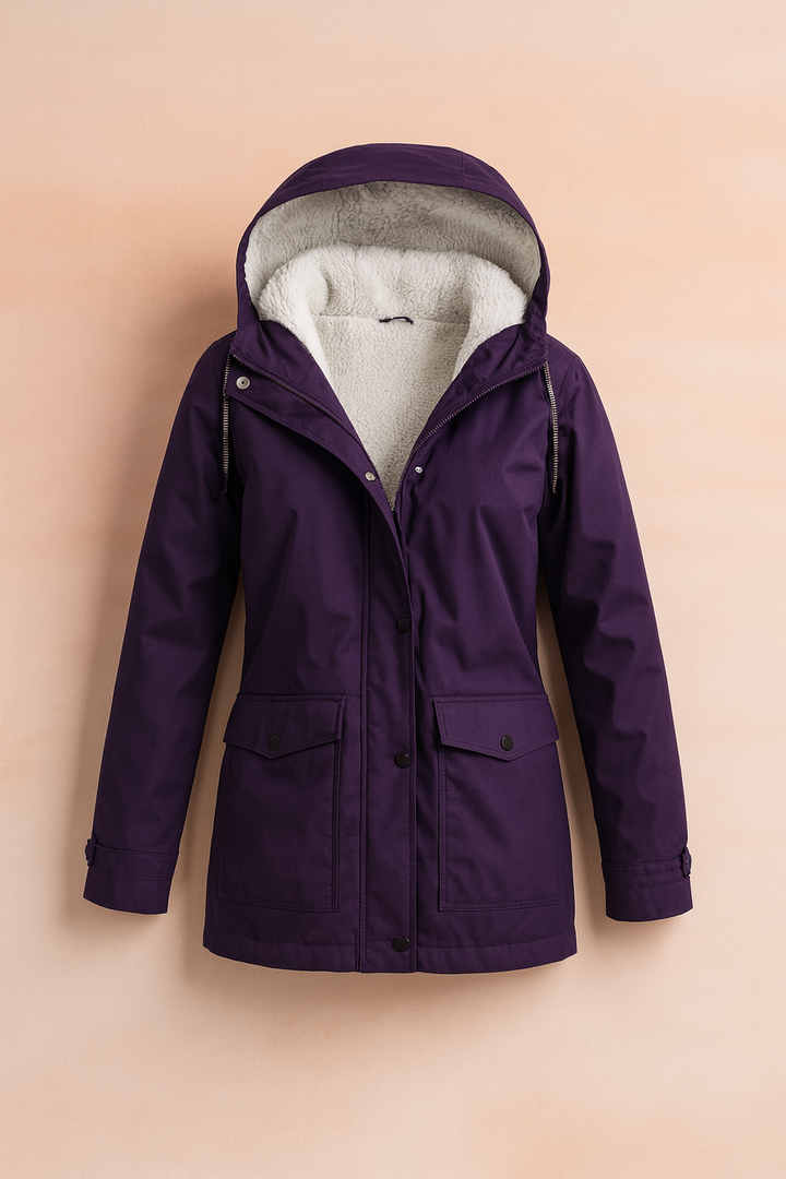 Practical women's hooded mid-length winter utility jacket, durable outerwear for everyday cold.