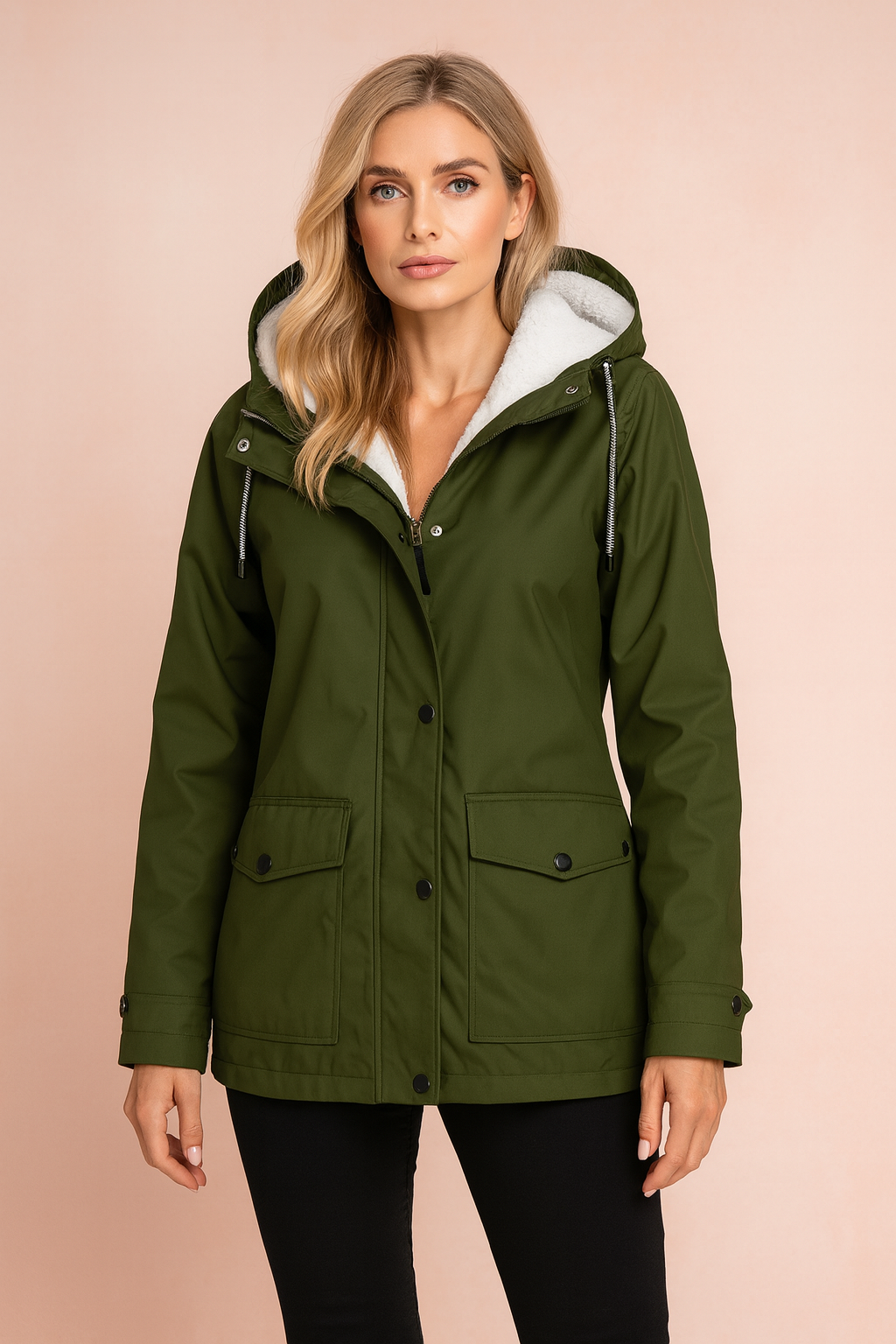 Women's warm hooded winter parka, mid-length utility jacket ideal for casual cold weather.