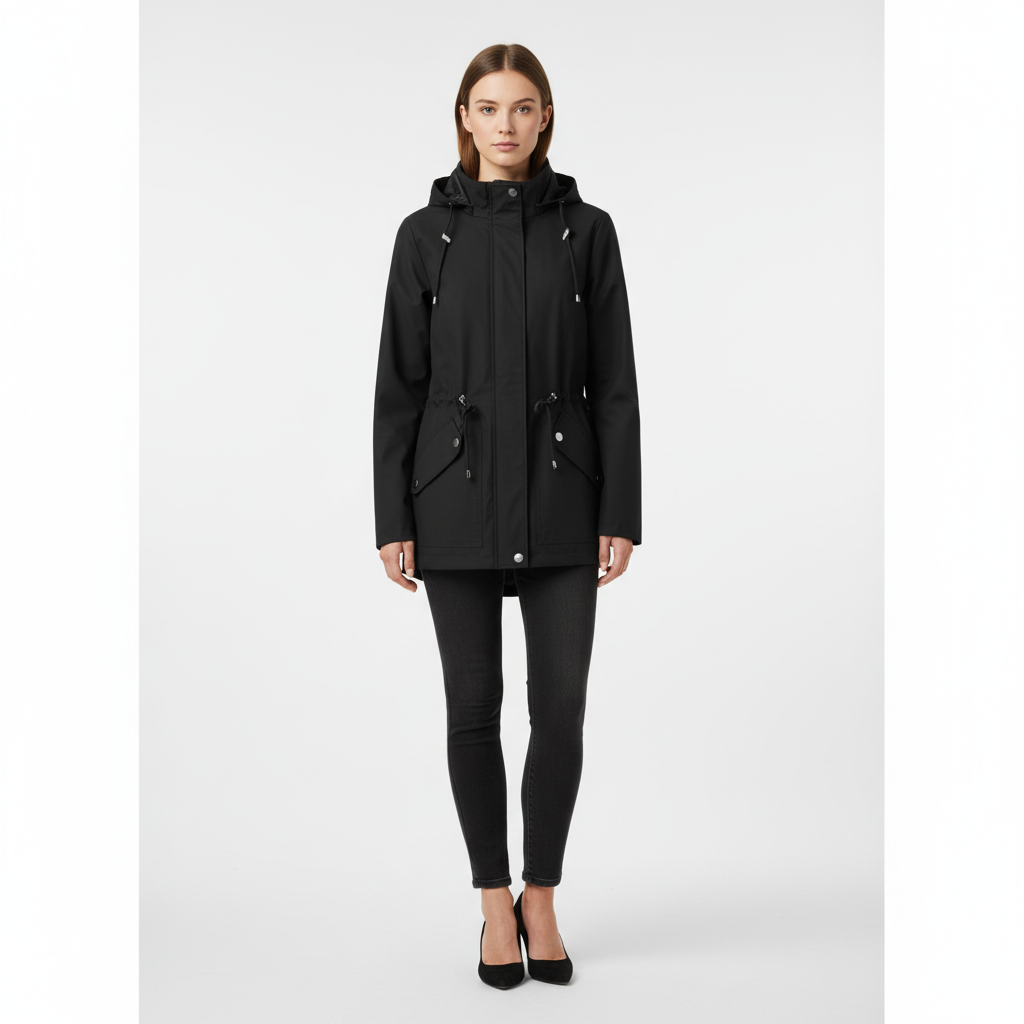 Women's hooded rain jacket, water-resistant with adjustable waist & pockets. Perfect for spring/fall outerwear.