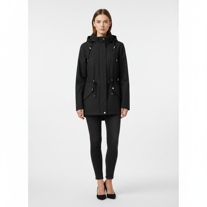 Women's hooded rain jacket, water-resistant with adjustable waist & pockets. Perfect for spring/fall outerwear.