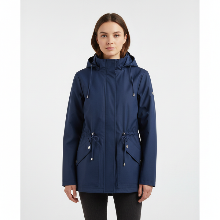 Lightweight women's rain jacket with hood, adjustable waist, and pockets. Ideal water-resistant outerwear for daily wear.