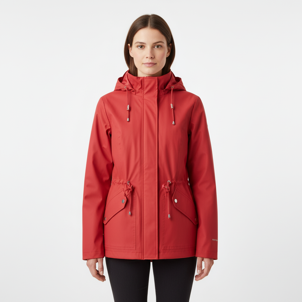 Stylish women's hooded rain jacket featuring adjustable waist & functional pockets. Great for spring & fall protection.