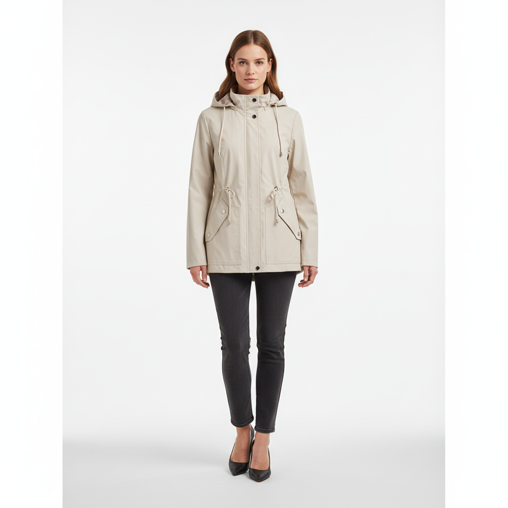 Practical women's hooded rain jacket. Water-resistant outerwear, adjustable waist for comfort, convenient pockets.