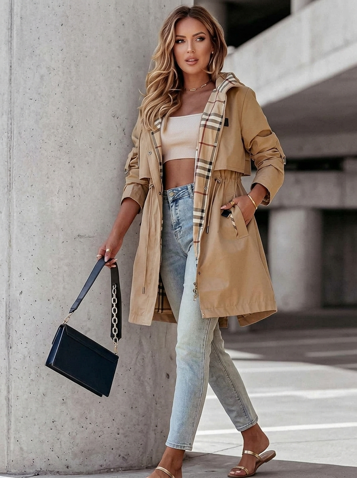 Stylish women's hooded trench coat, perfect for spring/fall. Features a drawstring waist & chic plaid lining for versatility.